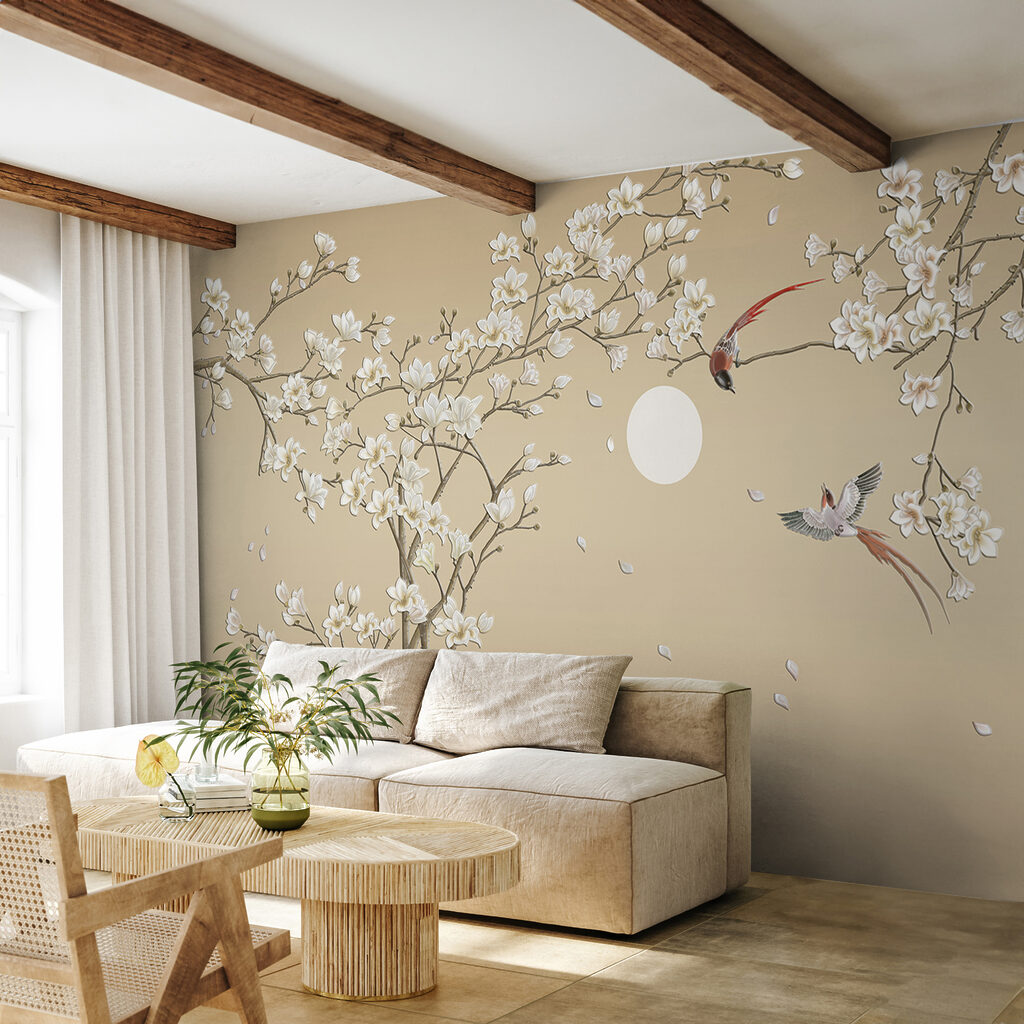 Tree with white flowers and birds