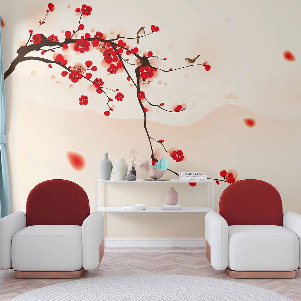 Branch with red flowers and birds flying in the sky