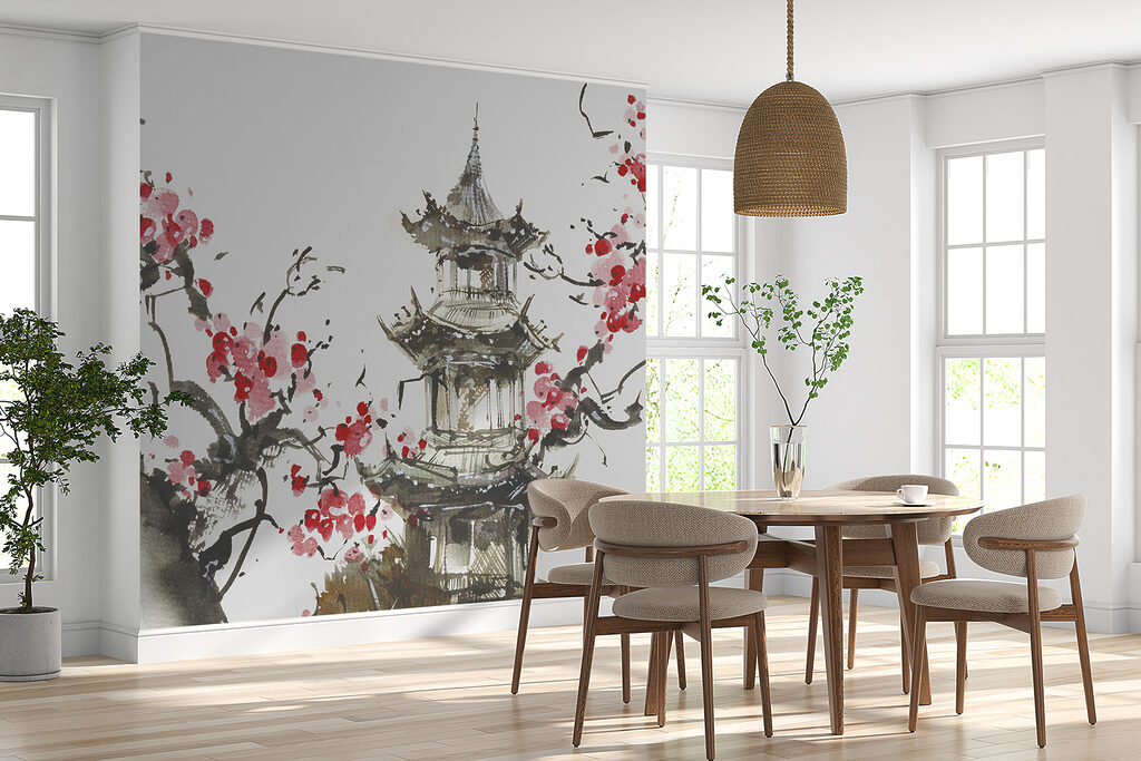 Painting of a pagoda and cherry blossoms Painting of a pagoda and cherry blossoms