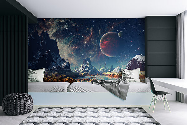 Krajina hor a vody s planetami a hvězdami Krajina hor a vody s planetami a hvězdami