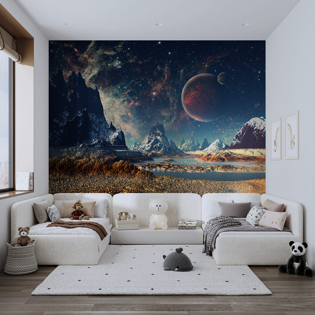 Landscape of mountains and water with planets and stars