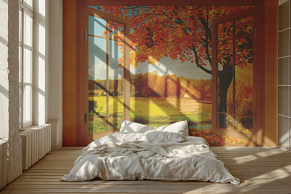 Window with trees and a river