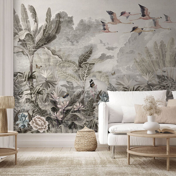 Mural of birds flying over a forest Mural of birds flying over a forest