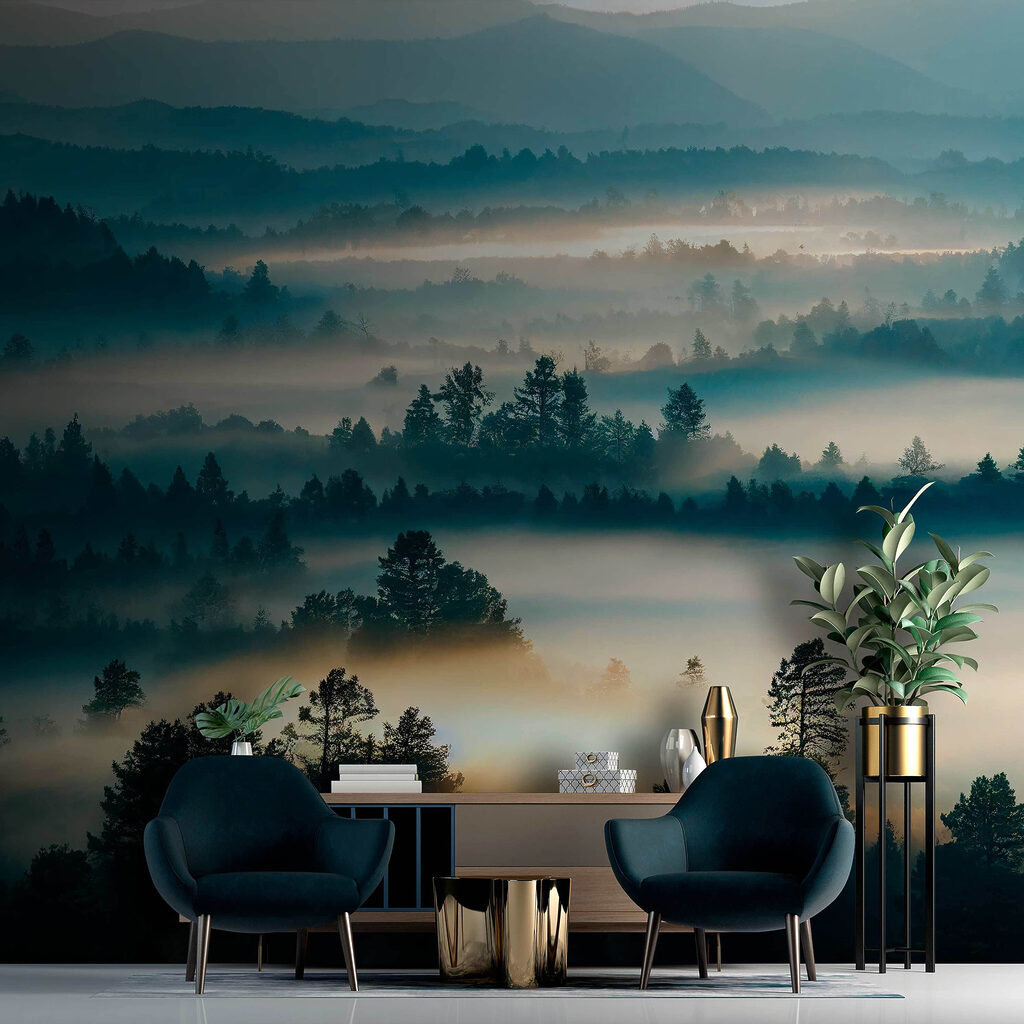 Foggy landscape with trees and mountains