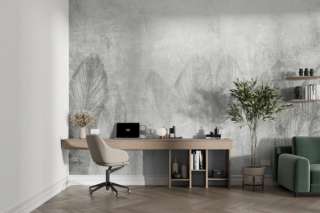 White and grey background with leaves