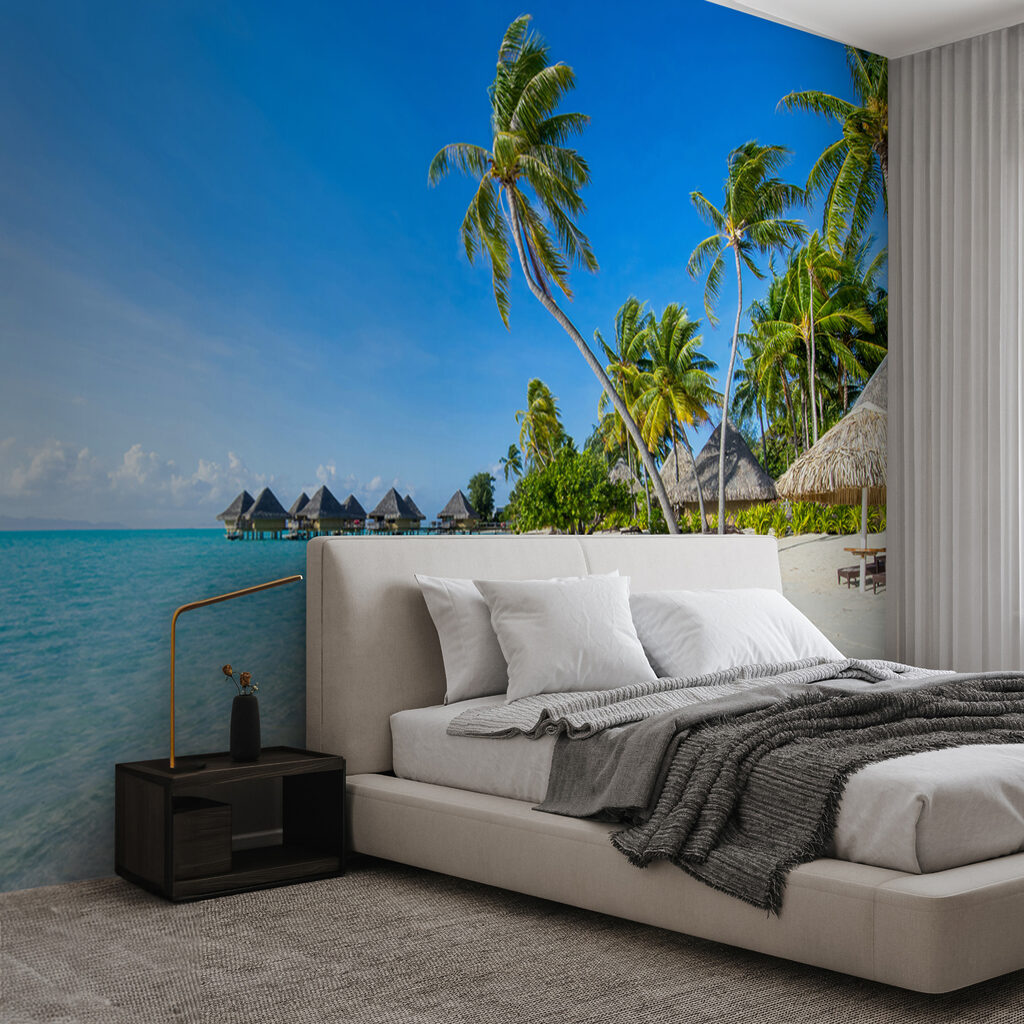 Beach with palm trees and huts Beach with palm trees and huts