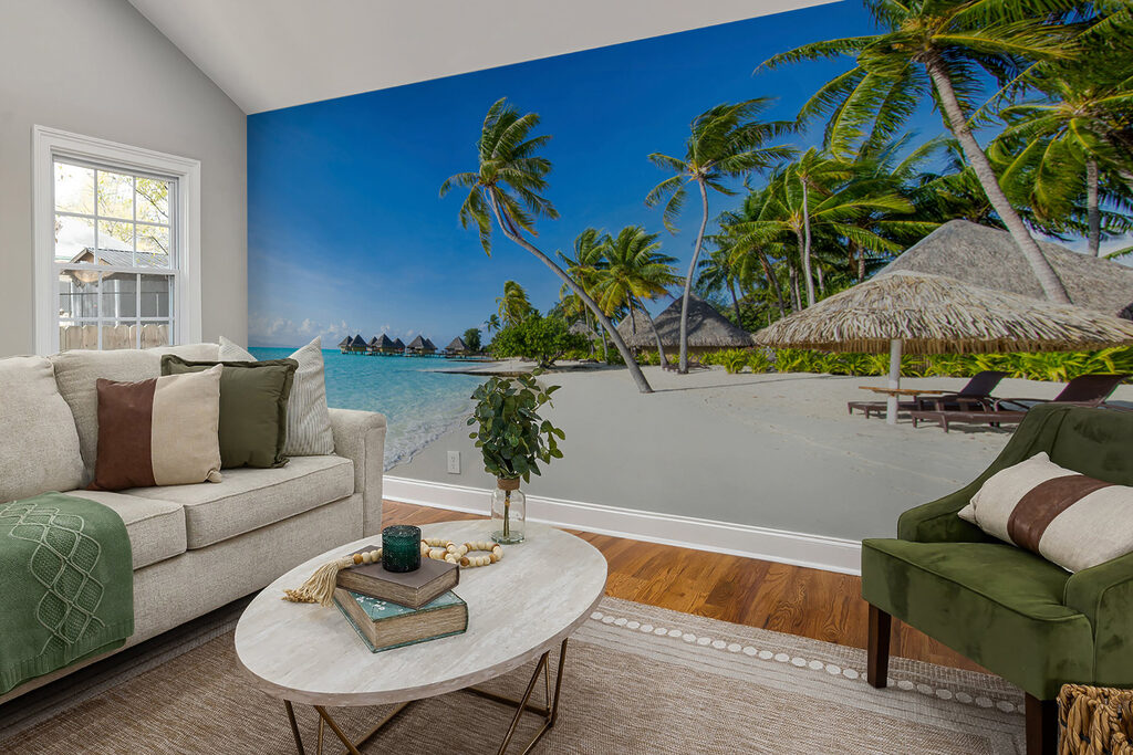 Beach with palm trees and huts Beach with palm trees and huts