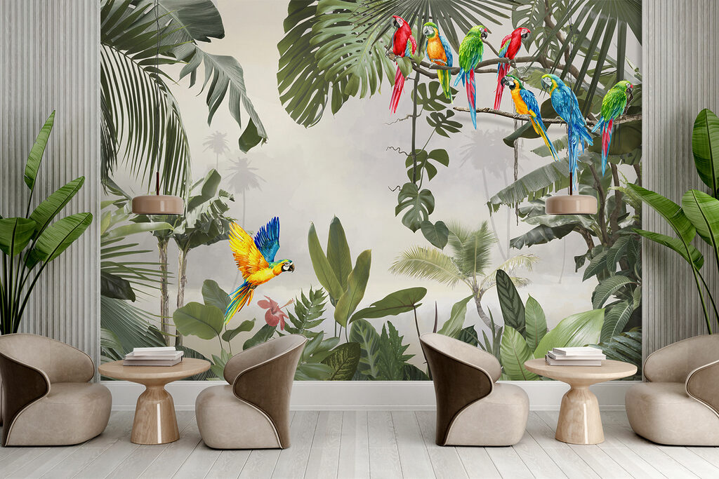 Group of colorful birds on a tree branch