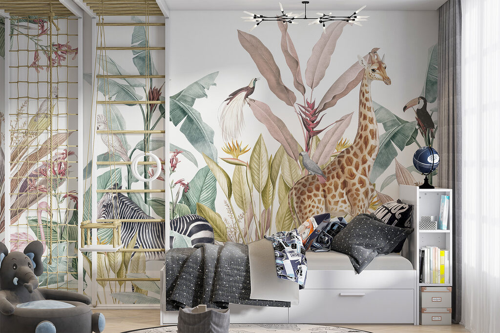 Wallpaper with zebras and birds