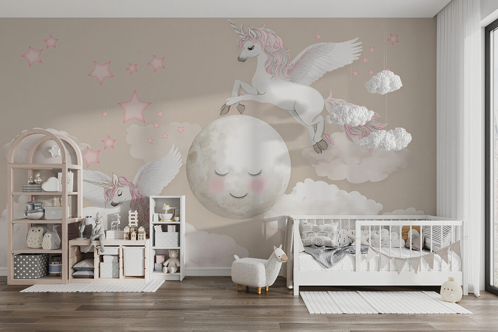 Group of unicorns flying on the moon Group of unicorns flying on the moon