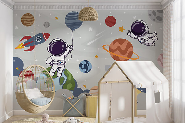 Kreslený astronaut ve vesmíru s planetami a raketou letící na obloze Kreslený astronaut ve vesmíru s planetami a raketou letící na obloze