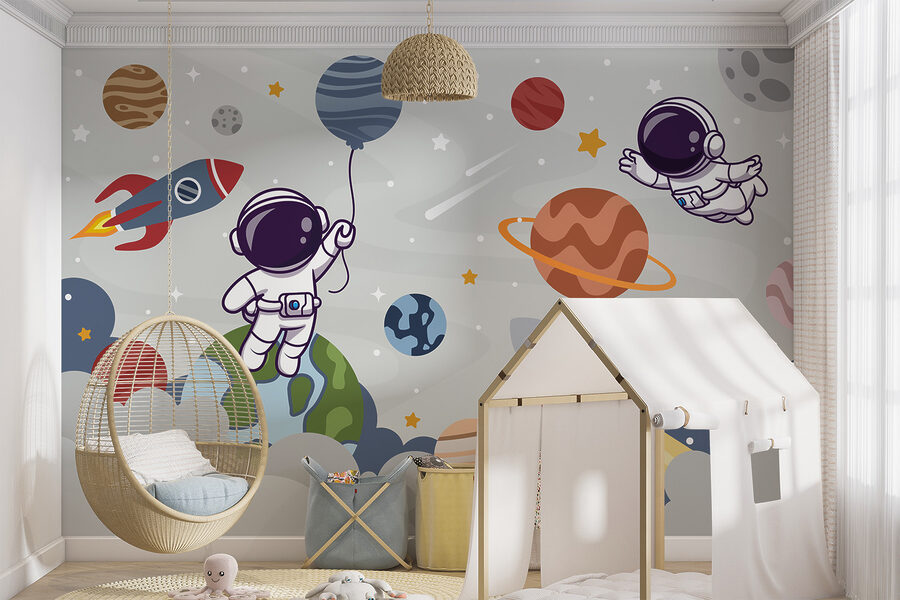 Kreslený astronaut ve vesmíru s planetami a raketou letící na obloze Kreslený astronaut ve vesmíru s planetami a raketou letící na obloze