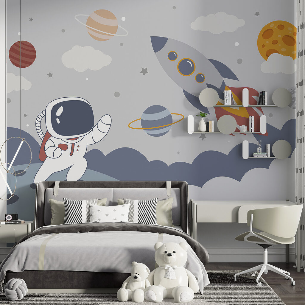 Cartoon an astronaut walking on a planet with a rocket in the sky Cartoon an astronaut walking on a planet with a rocket in the sky