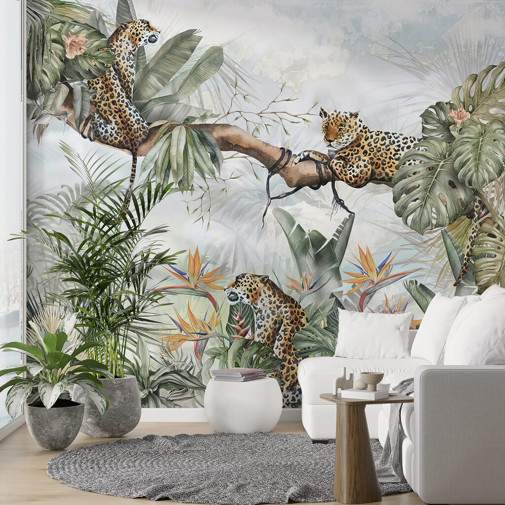 Painting of a group of cheetahs on a tree branch Painting of a group of cheetahs on a tree branch