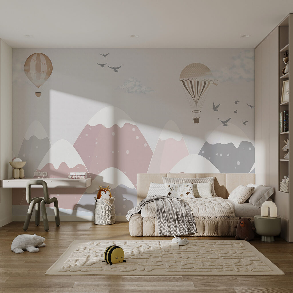 Hot air balloon flying over mountains Hot air balloon flying over mountains