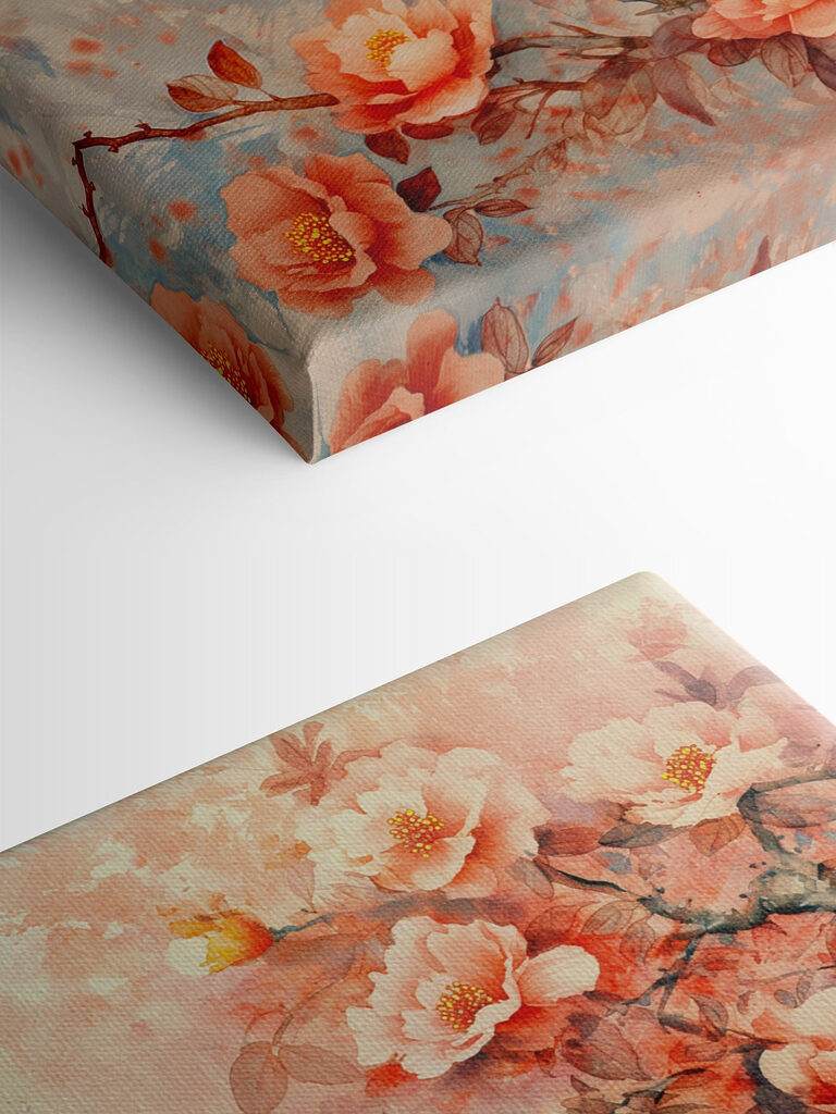 A painting of a peacock on a branch with flowers