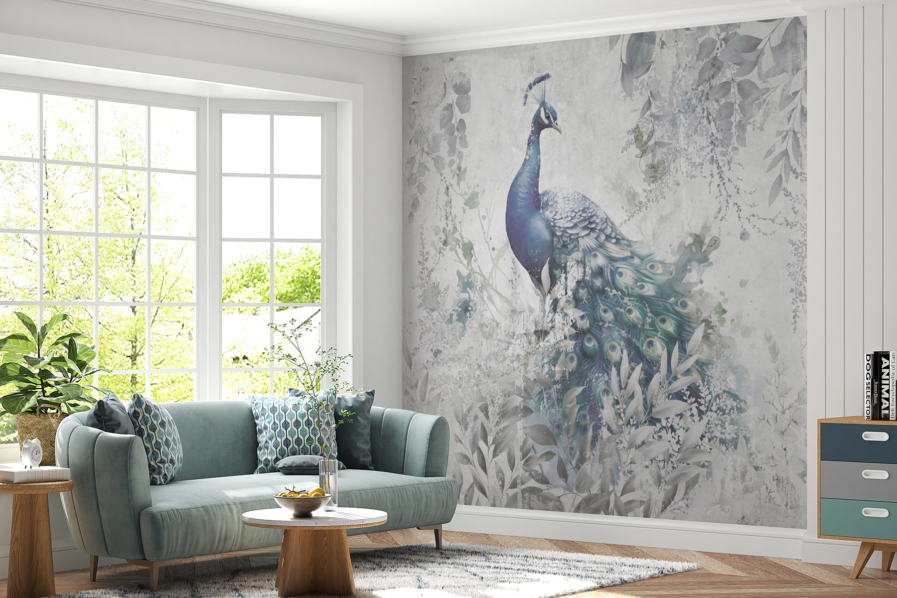 Peacock with feathers on a white background Peacock with feathers on a white background
