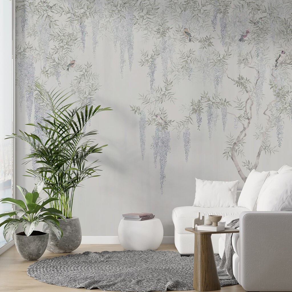 Wallpaper with flowers and birds