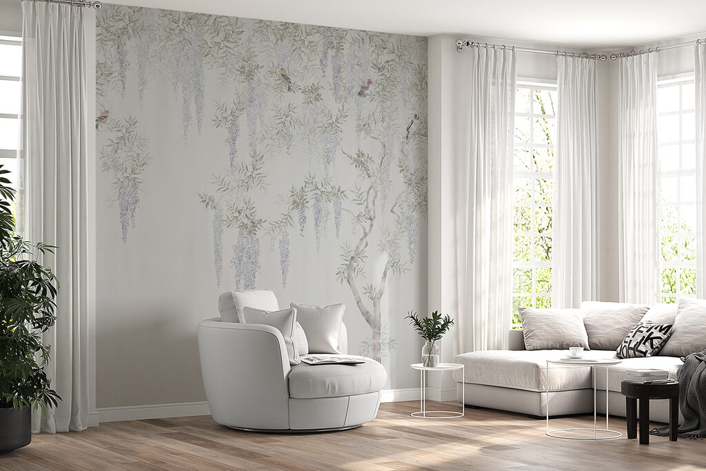 Wallpaper with flowers and birds
