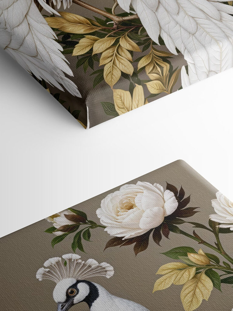 Couple of white peacocks on a branch with flowers