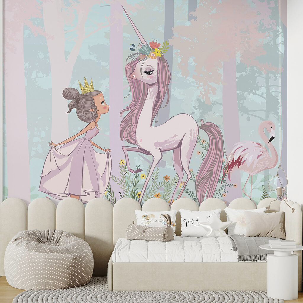 A cartoon of a girl and a unicorn in a forest A cartoon of a girl and a unicorn in a forest