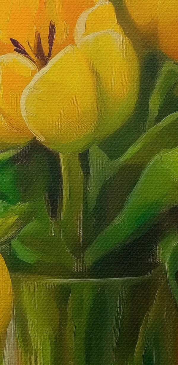 Obraz žlutých tulipánů ve skleněné váze Obraz žlutých tulipánů ve skleněné váze