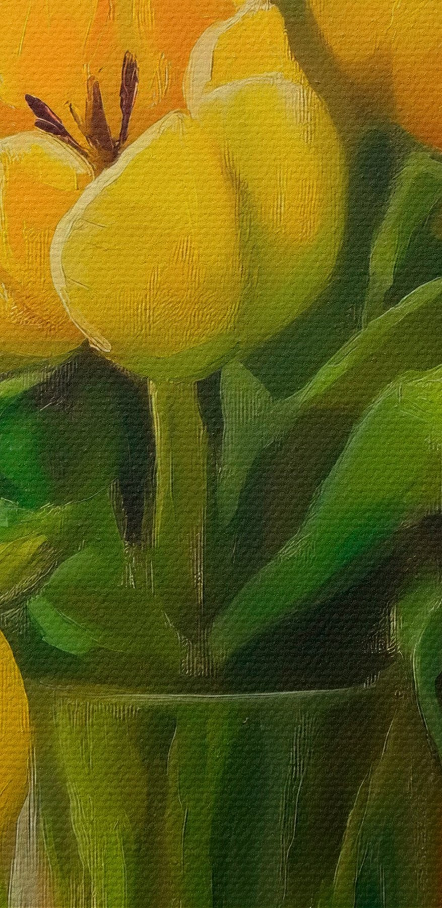 Obraz žlutých tulipánů ve skleněné váze