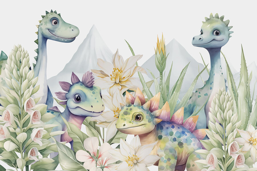 Skupina dinosaurů obklopená květinami Skupina dinosaurů obklopená květinami