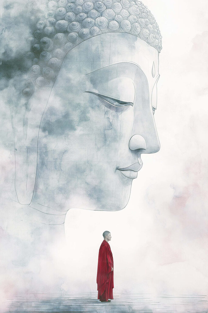 Man standing in front of a large face