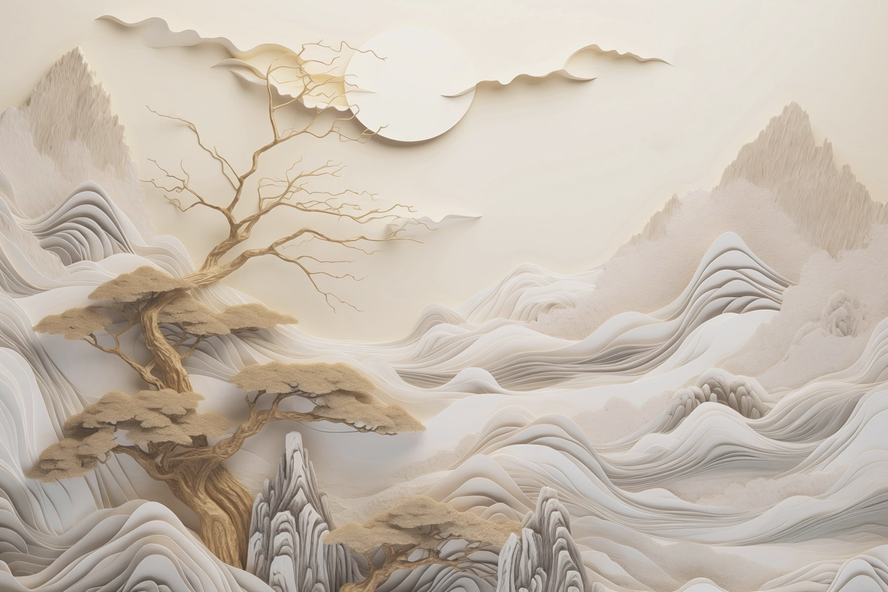 Tree and mountains with clouds and sun