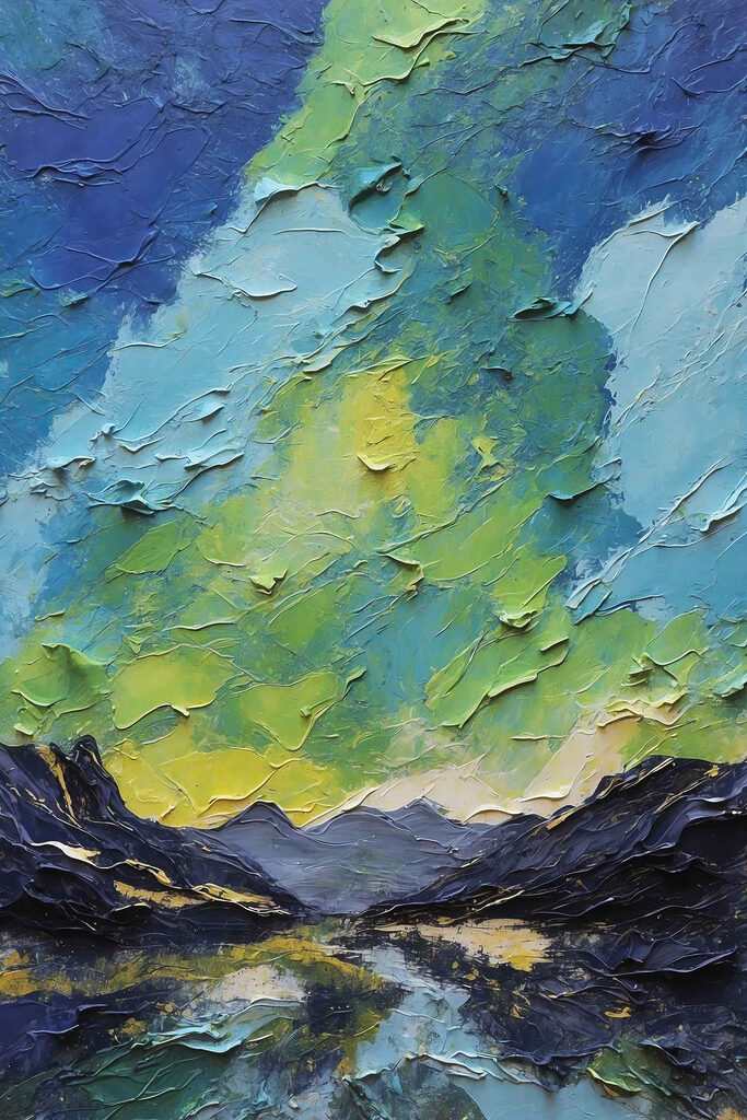 Painting of mountains and clouds