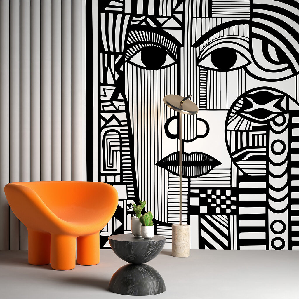 A black and white drawing of a face