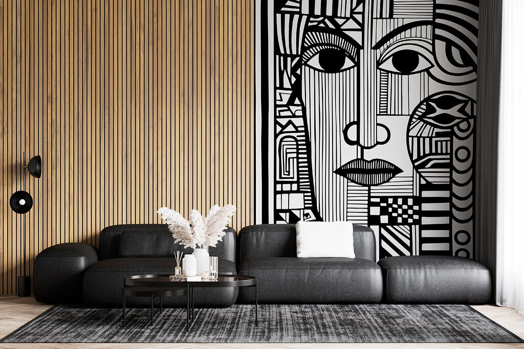 A black and white drawing of a face