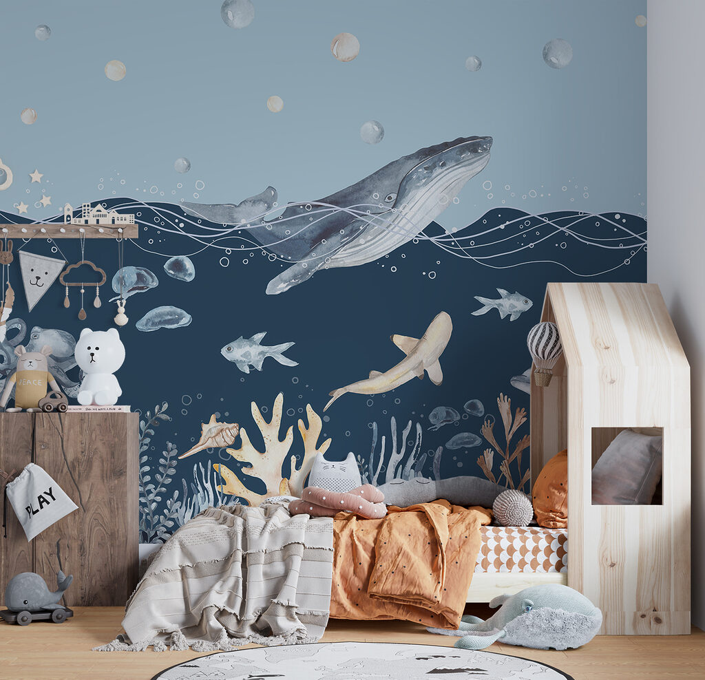 A watercolor of a whale and fish A watercolor of a whale and fish