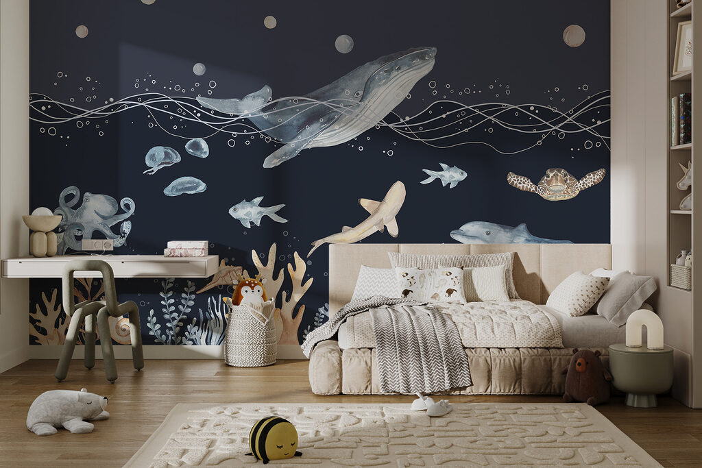 A watercolor of a whale and fish A watercolor of a whale and fish