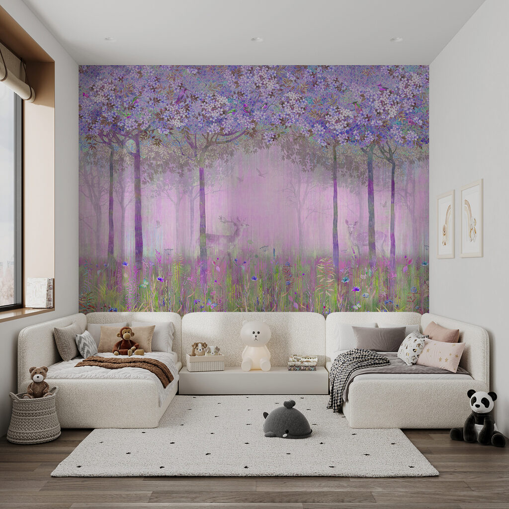 A painting of a forest with flowers A painting of a forest with flowers