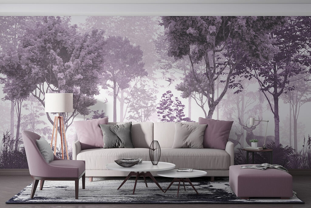 A purple and white image of trees and plants
