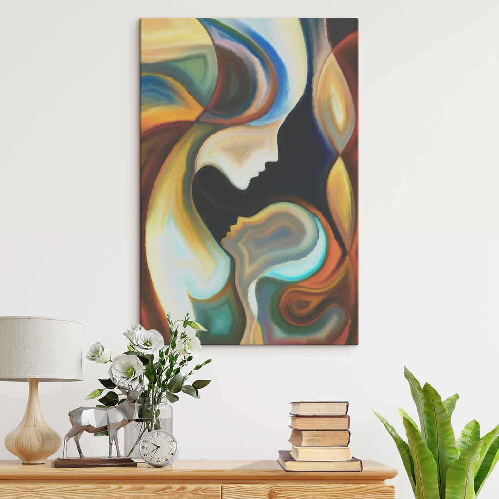 A colorful background with a couple of faces