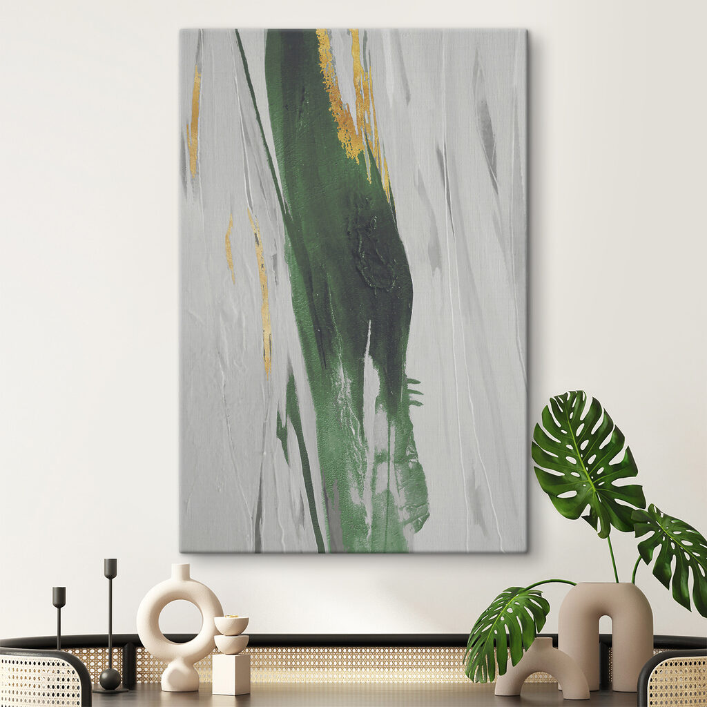 Emerald strokes on textured canvas