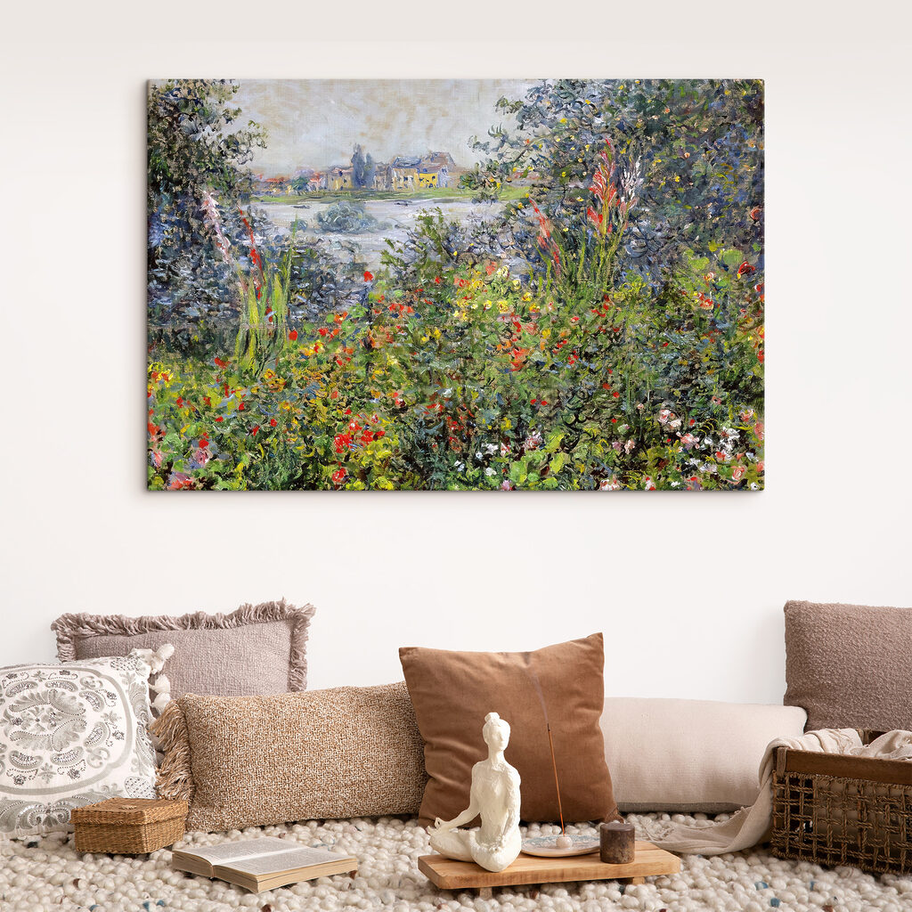 A painting of a garden with flowers and trees A painting of a garden with flowers and trees