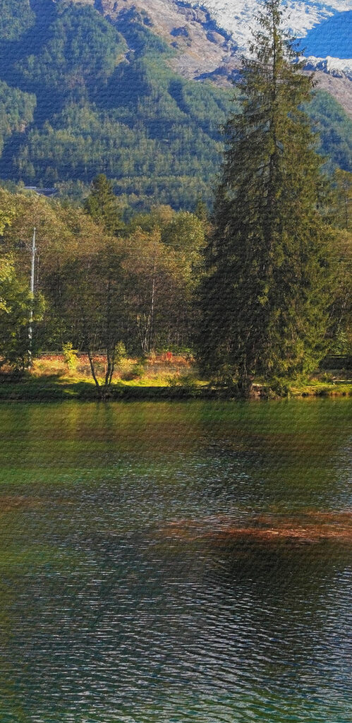 A lake surrounded by trees and mountains