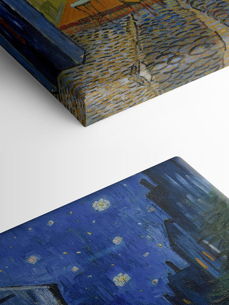 A painting of a street with tables and chairs