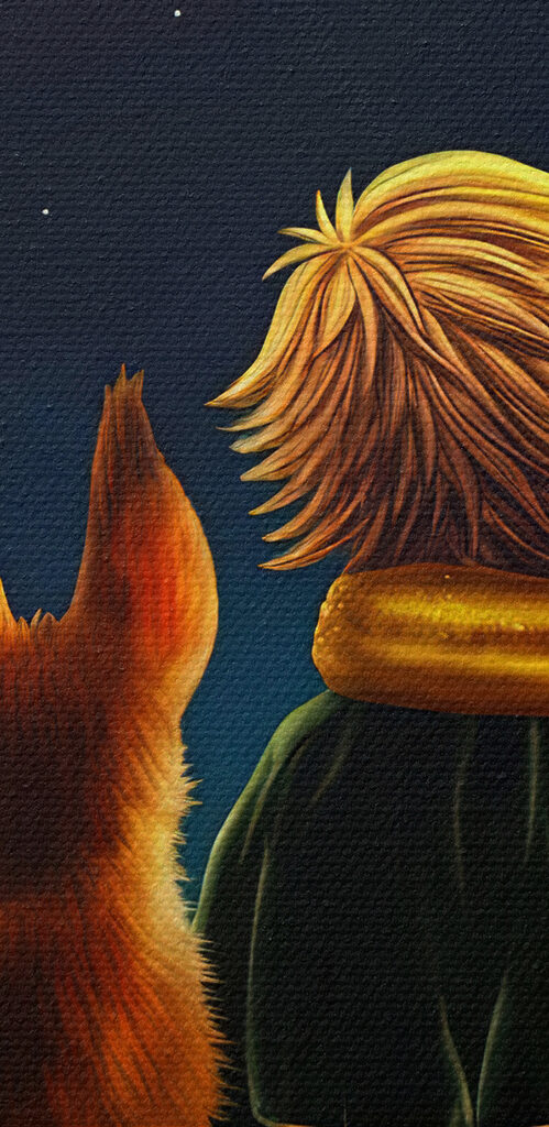 A fox and a little prince looking at stars