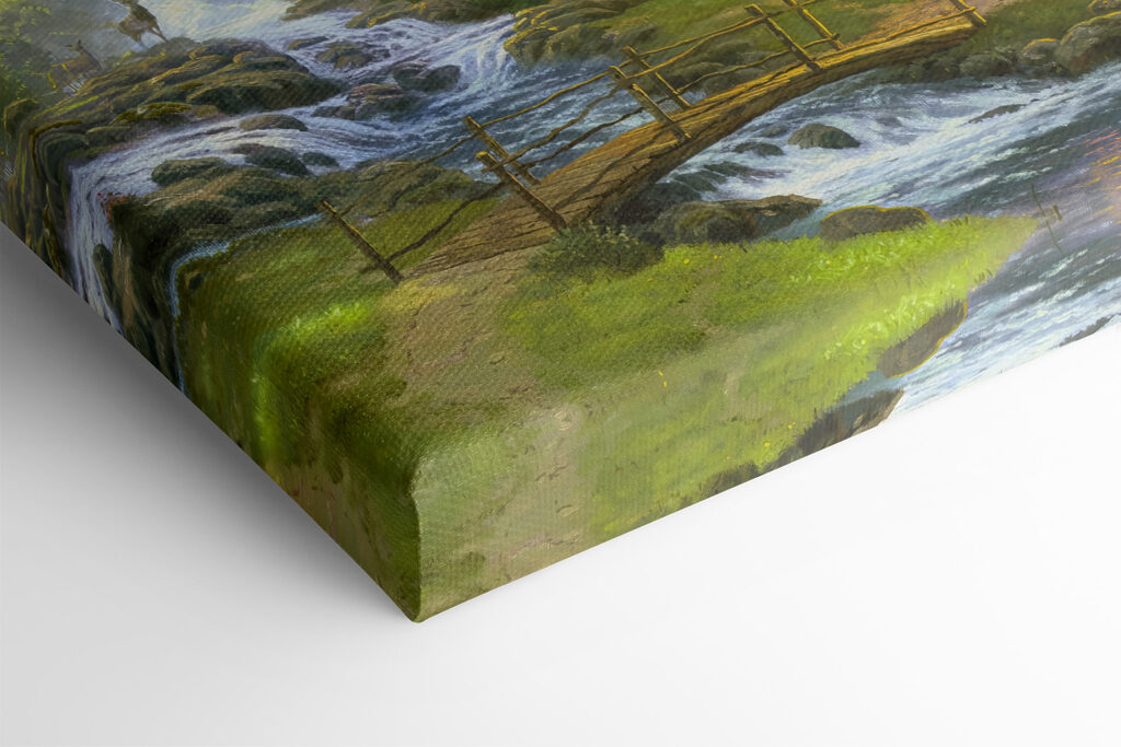 A painting of a log cabin with a bridge over a river