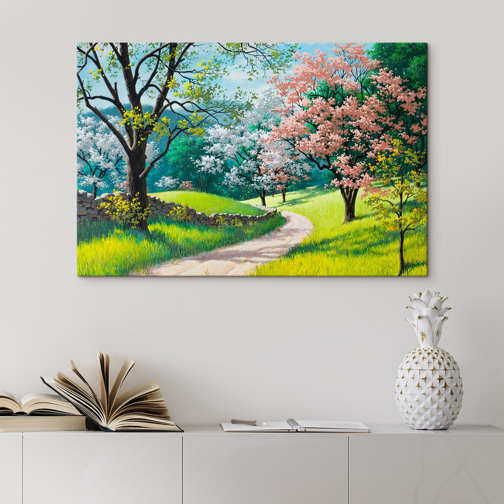 Blossoming trees along a winding path