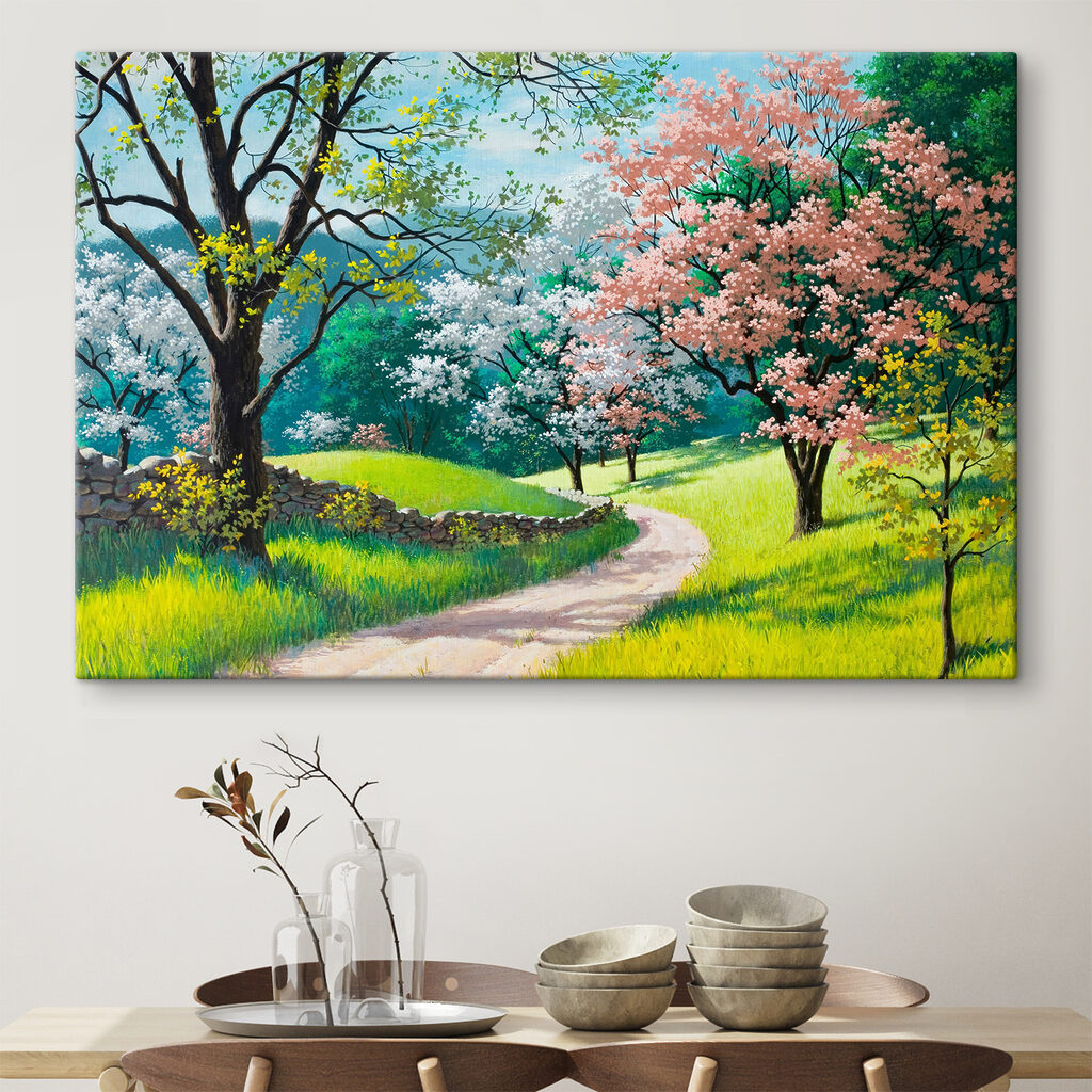 Blossoming trees along a winding path