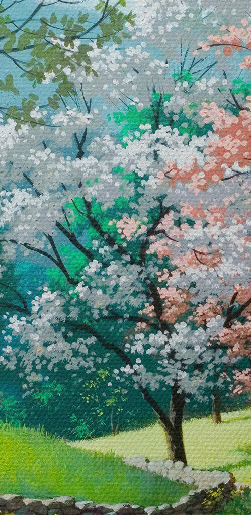 Blossoming trees along a winding path