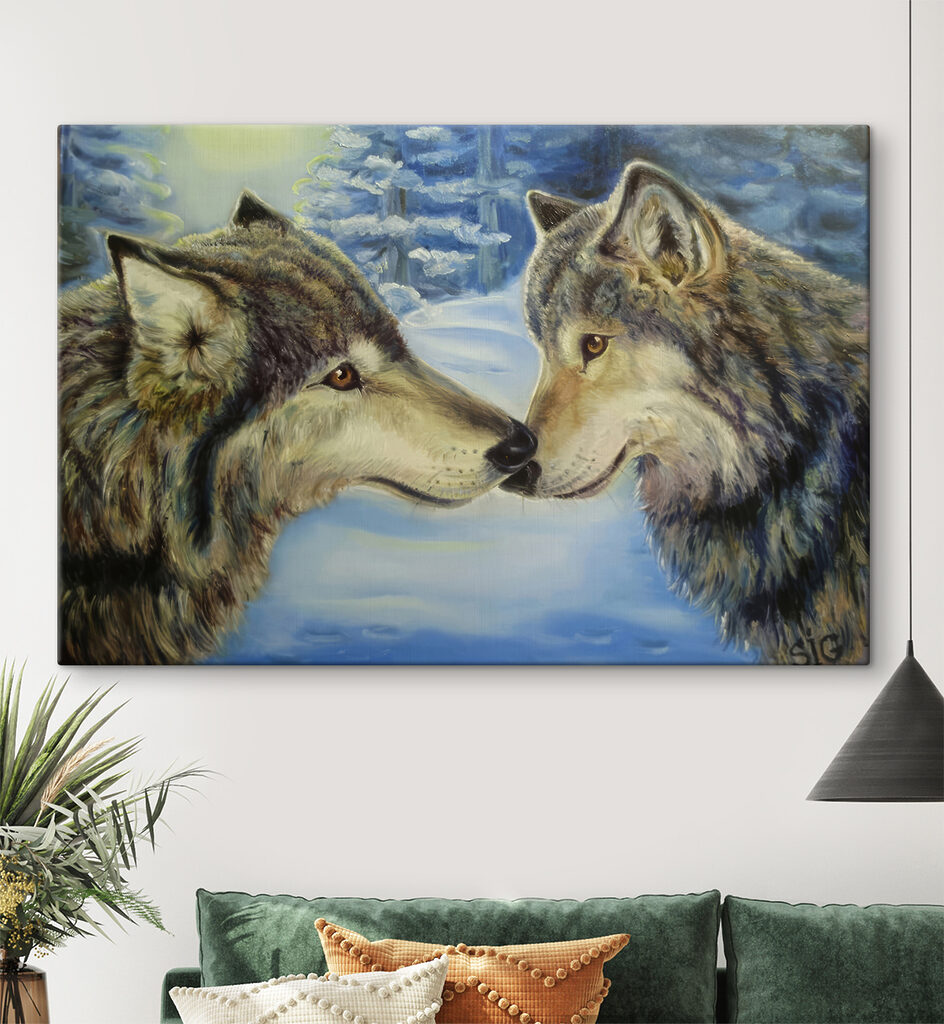 A painting of two wolves kissing