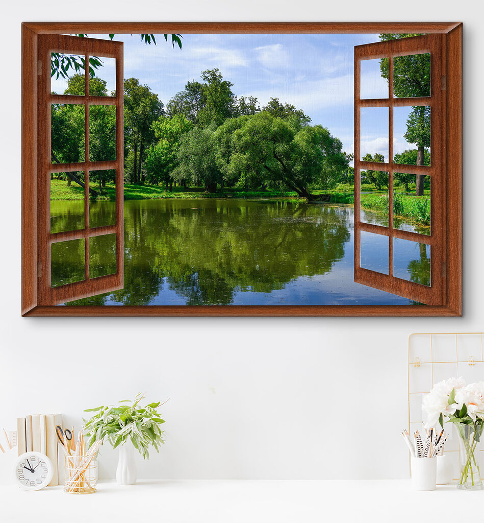 A window with a lake and trees