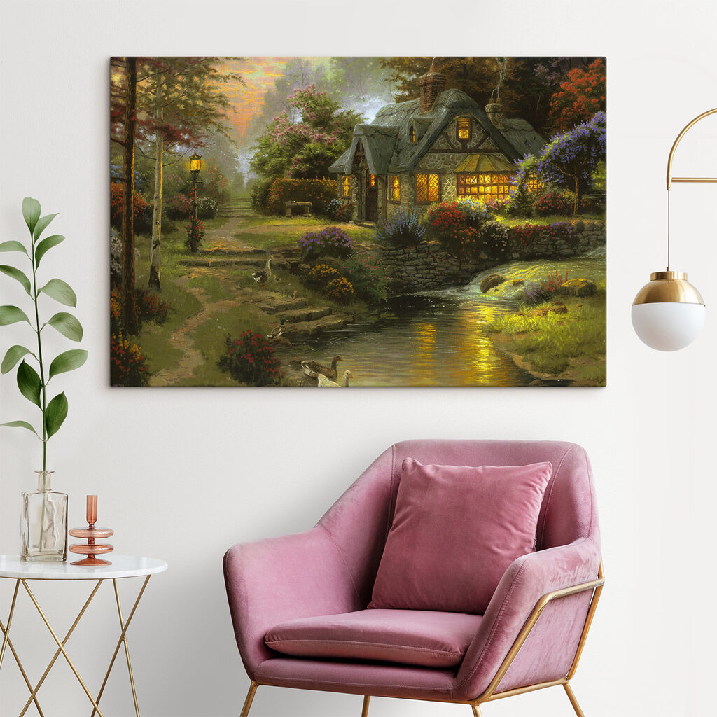 A painting of a cottage by a river